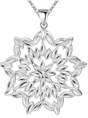 925 Sterling Silver Floral Snowflake Pendant Necklace - Silver